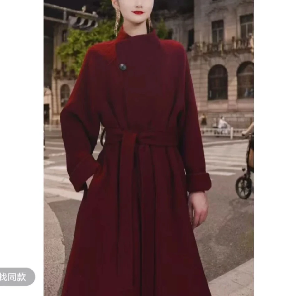 景棠【车厘子红长款】红色大衣羊绒外套秋冬女双面羊绒气质大衣时尚