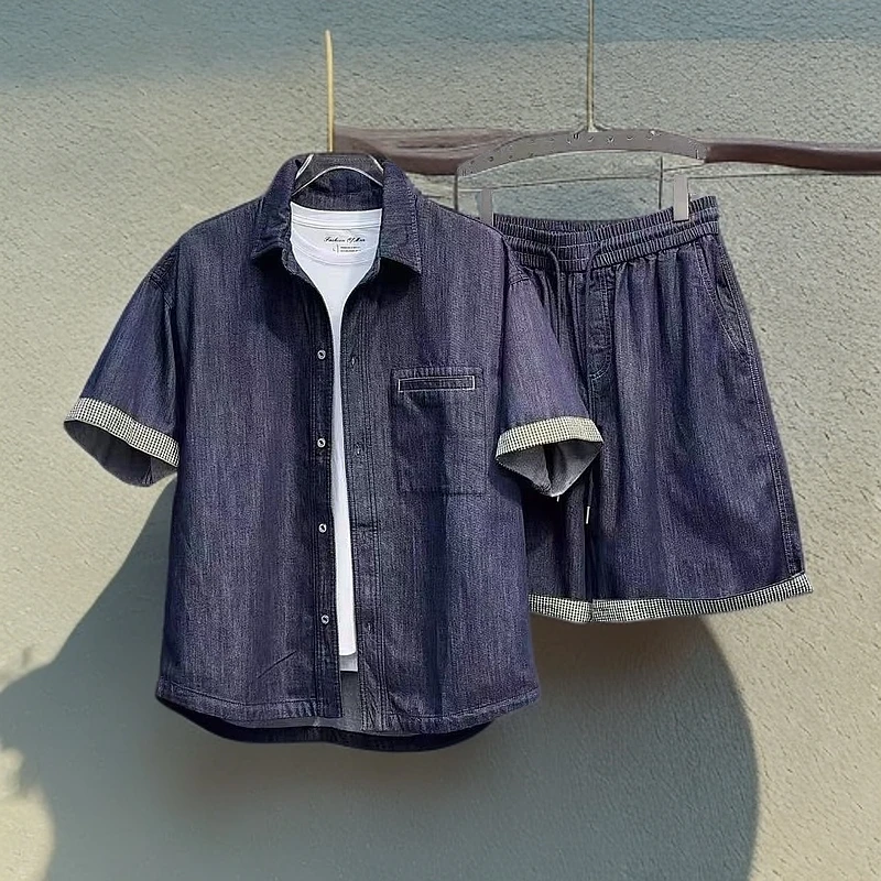 25夏季潮牌日系衬衣男士休闲牛仔套装美式复古百搭短袖短裤两件套
