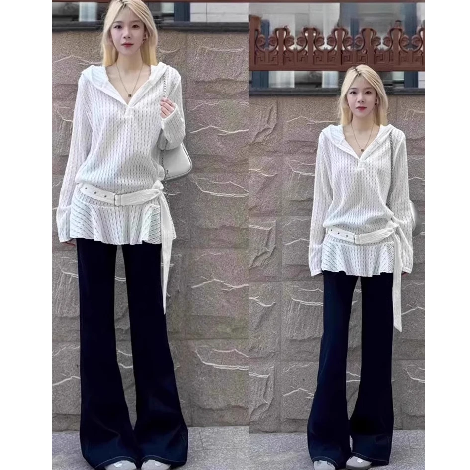 MISU/糜素白色连帽中长款镂空蕾丝衬衫女2025新款春季纯欲风独特