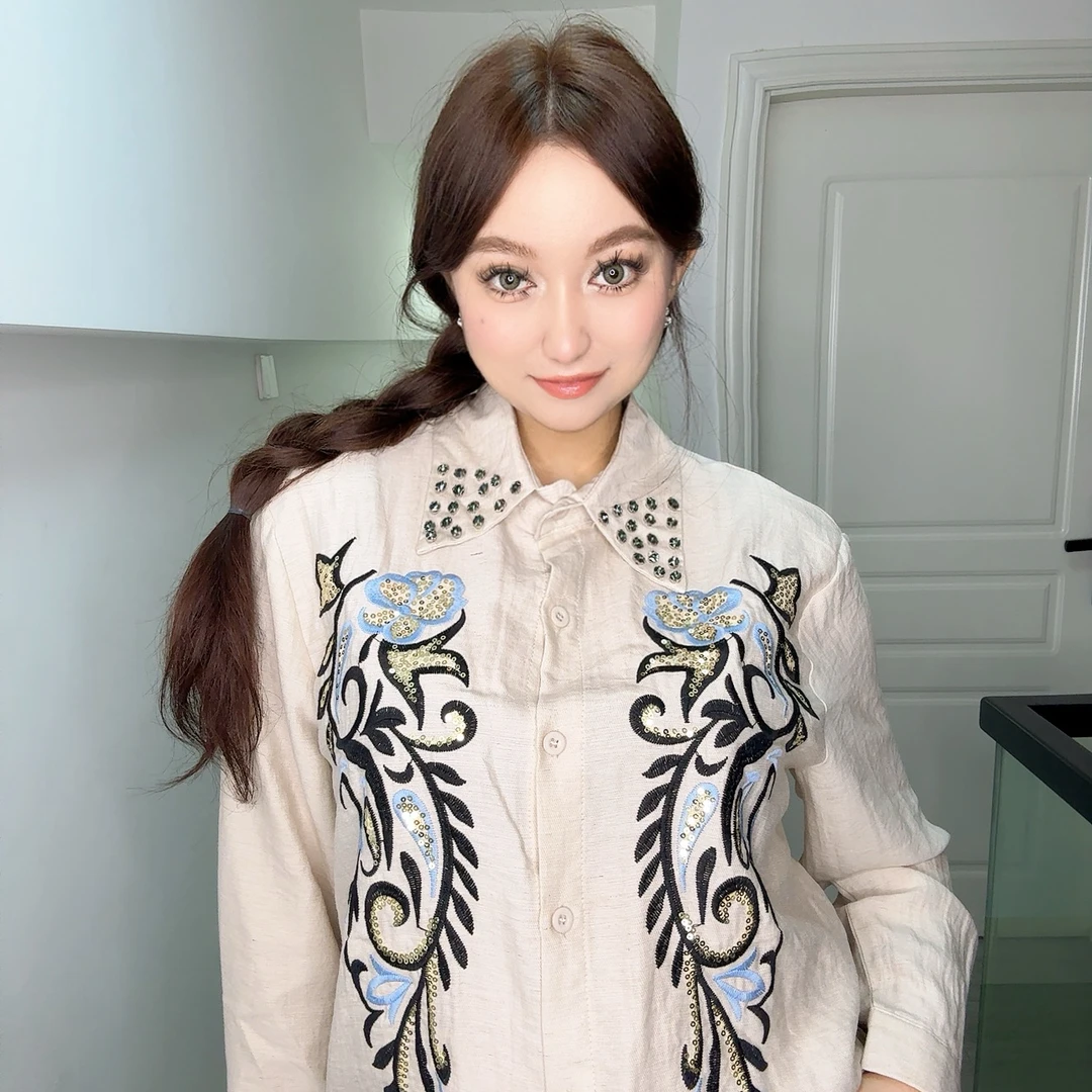 春秋新款百搭时尚民族风重工刺绣钉珠串珠爱心廓形长气质袖衬衫