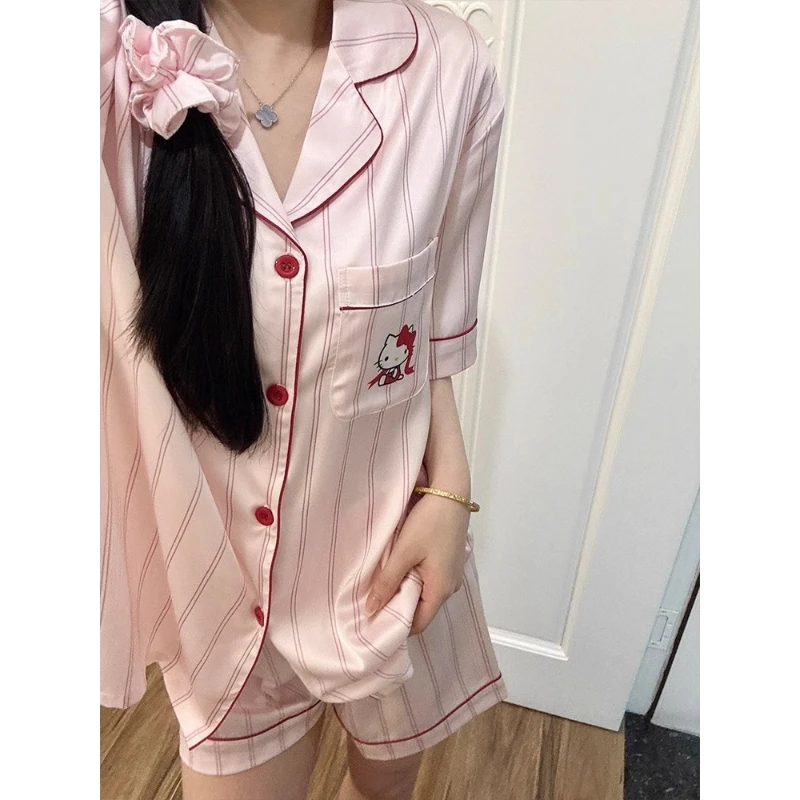 甜美可爱Kitty冰丝睡衣女2025春秋新款高级仿真丝家居服大码套装