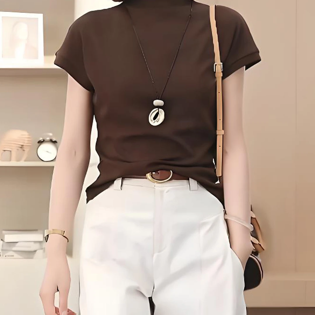半高领短袖T恤女士简约洋气正肩上衣2025年夏季别致炸街修身体恤