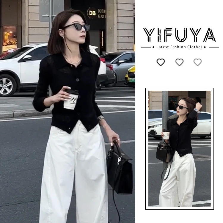 初春穿搭一整套干练气质小香风套装欧货时尚黑色针织阔腿裤两件套