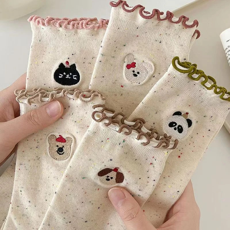 木耳花边卡通动物头像中筒袜点子纱可爱百搭堆堆袜
