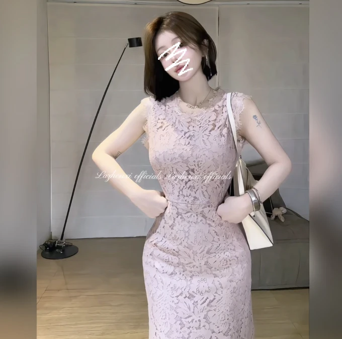 粉色无袖气质修身显瘦名媛蕾丝连衣裙轻熟风温婉优雅 3236#