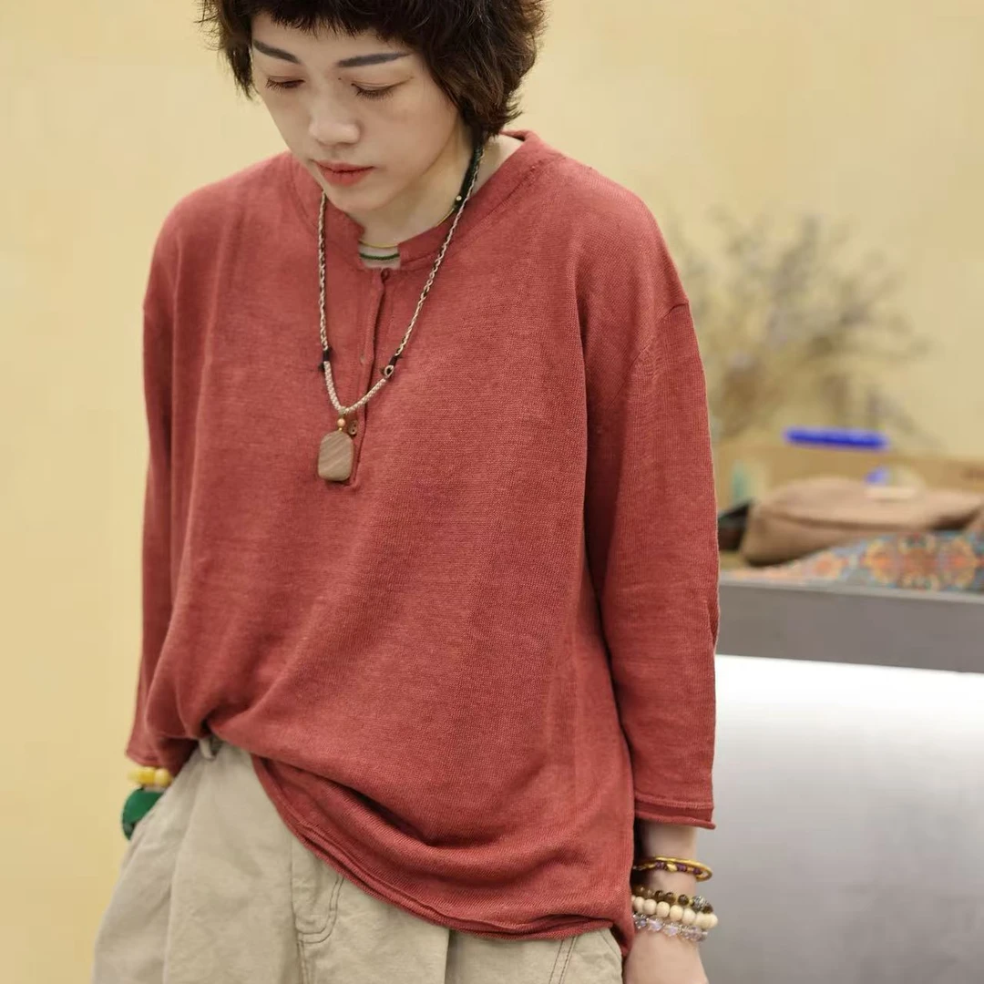 2025夏季新款亚麻上衣2500520长袖休闲宽松文艺圆领开扣长袖打底