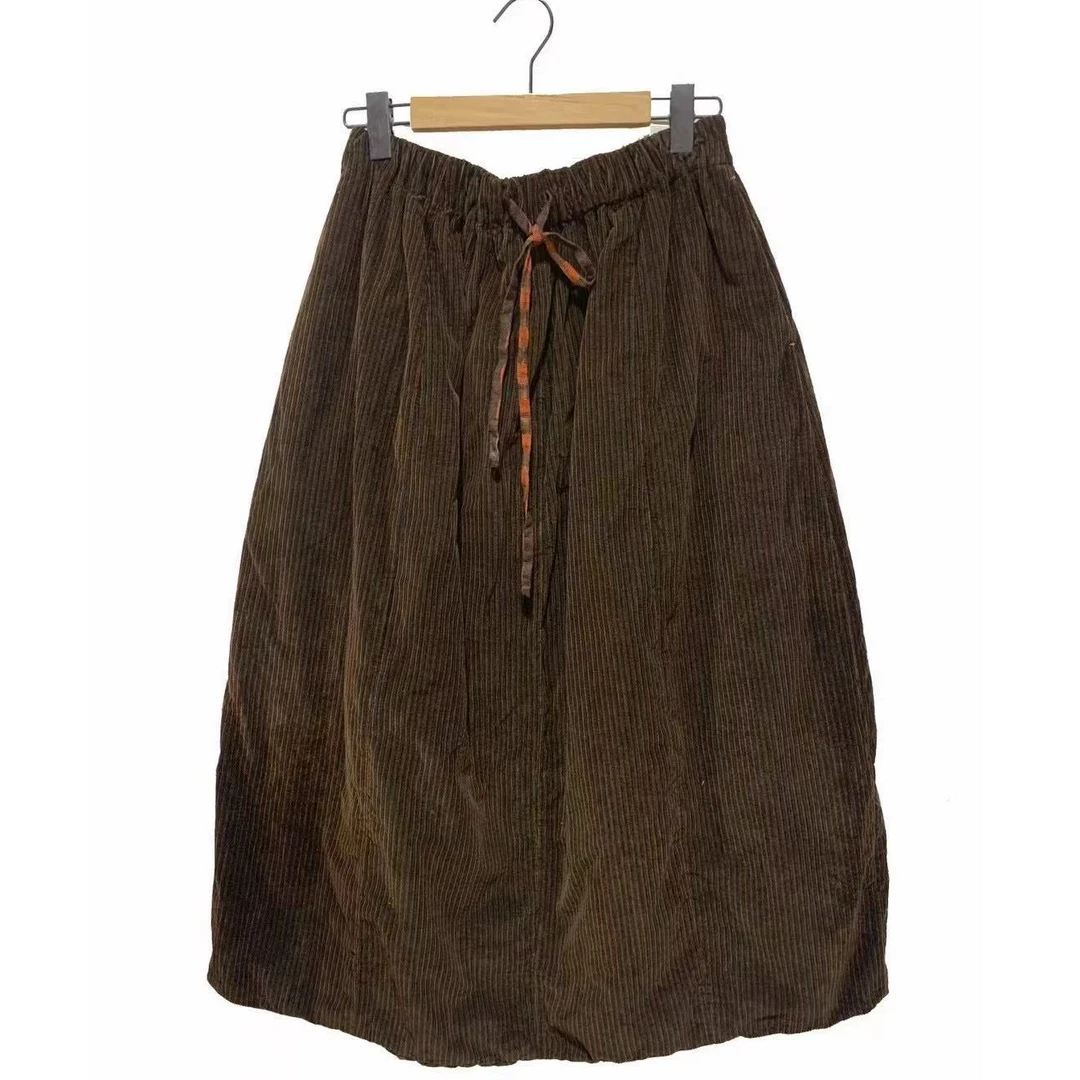 涟香家左岸迷香半裙2010咖橘灯芯绒复古宽松条纹半身裙裙子长款