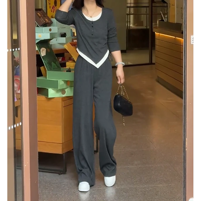 2025早秋新款假两件抽绳上衣两件套直筒阔腿裤套装女气质显瘦时尚