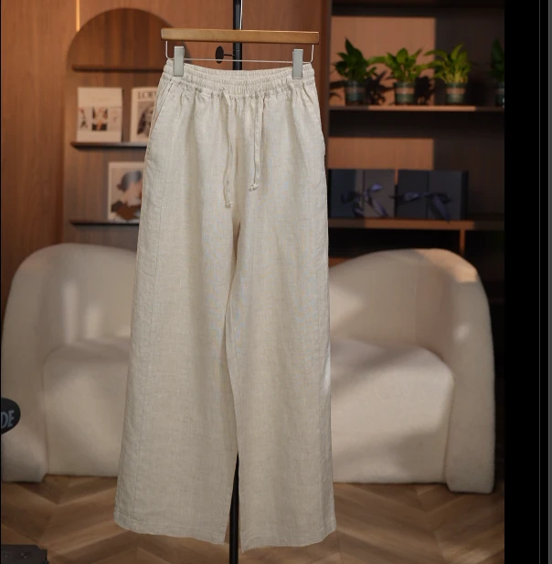 100%纯亚麻直筒裤子薄款透气凉爽宽松修身松紧腰休闲裤女