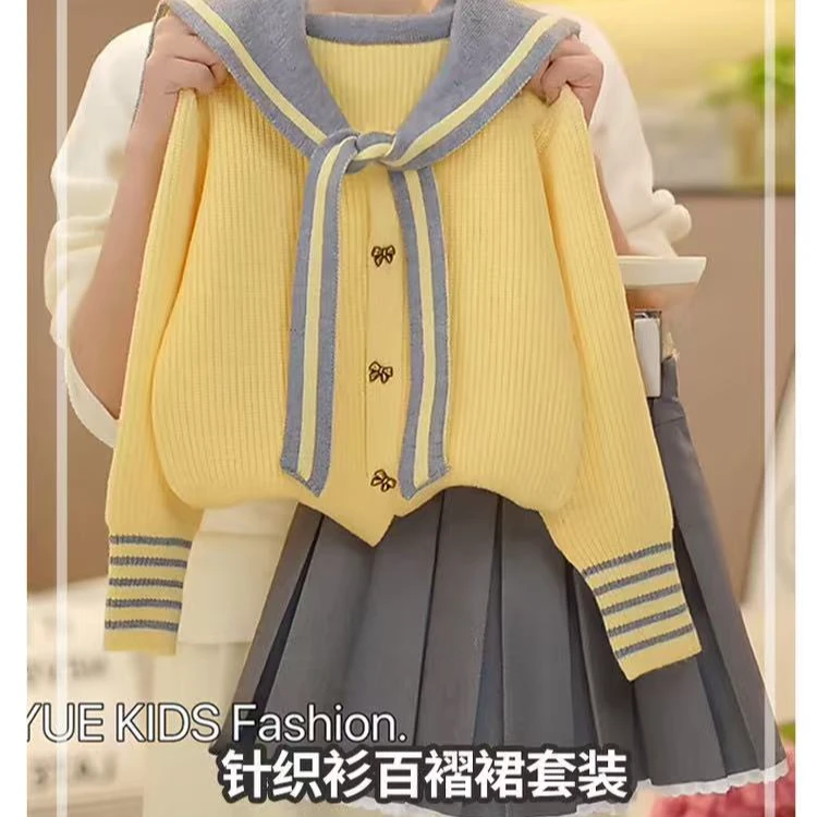 儿童针织春季新款时尚洋气学院风韩版长袖少女宽松套装