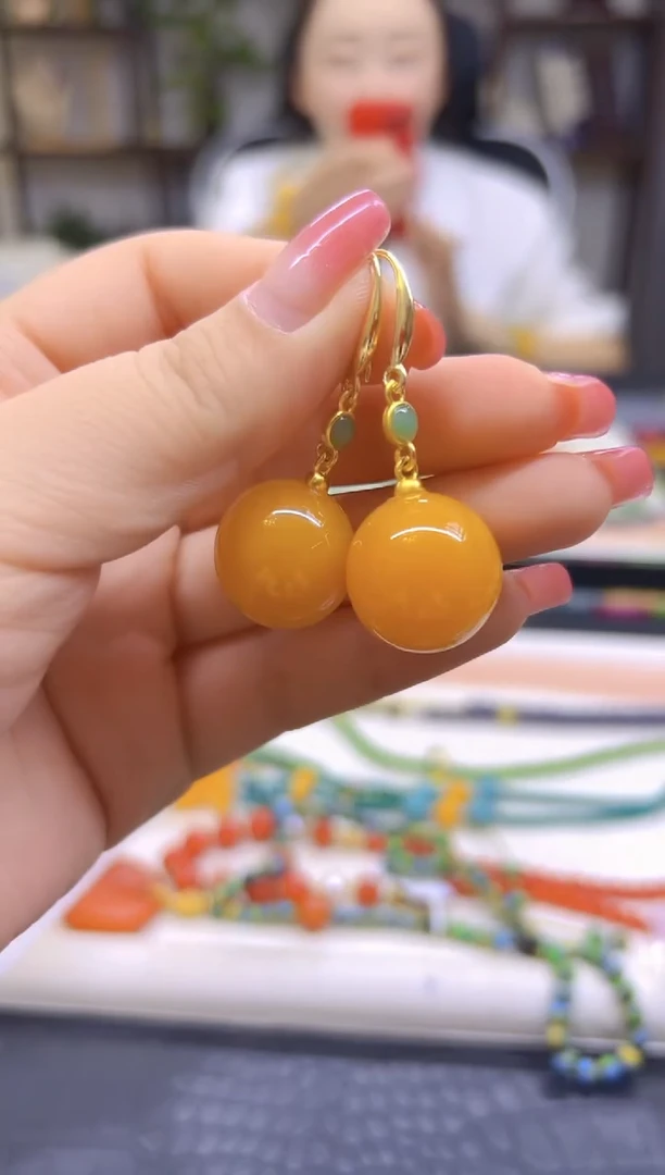 蜜蜡14K金镶嵌耳饰DIY款E893