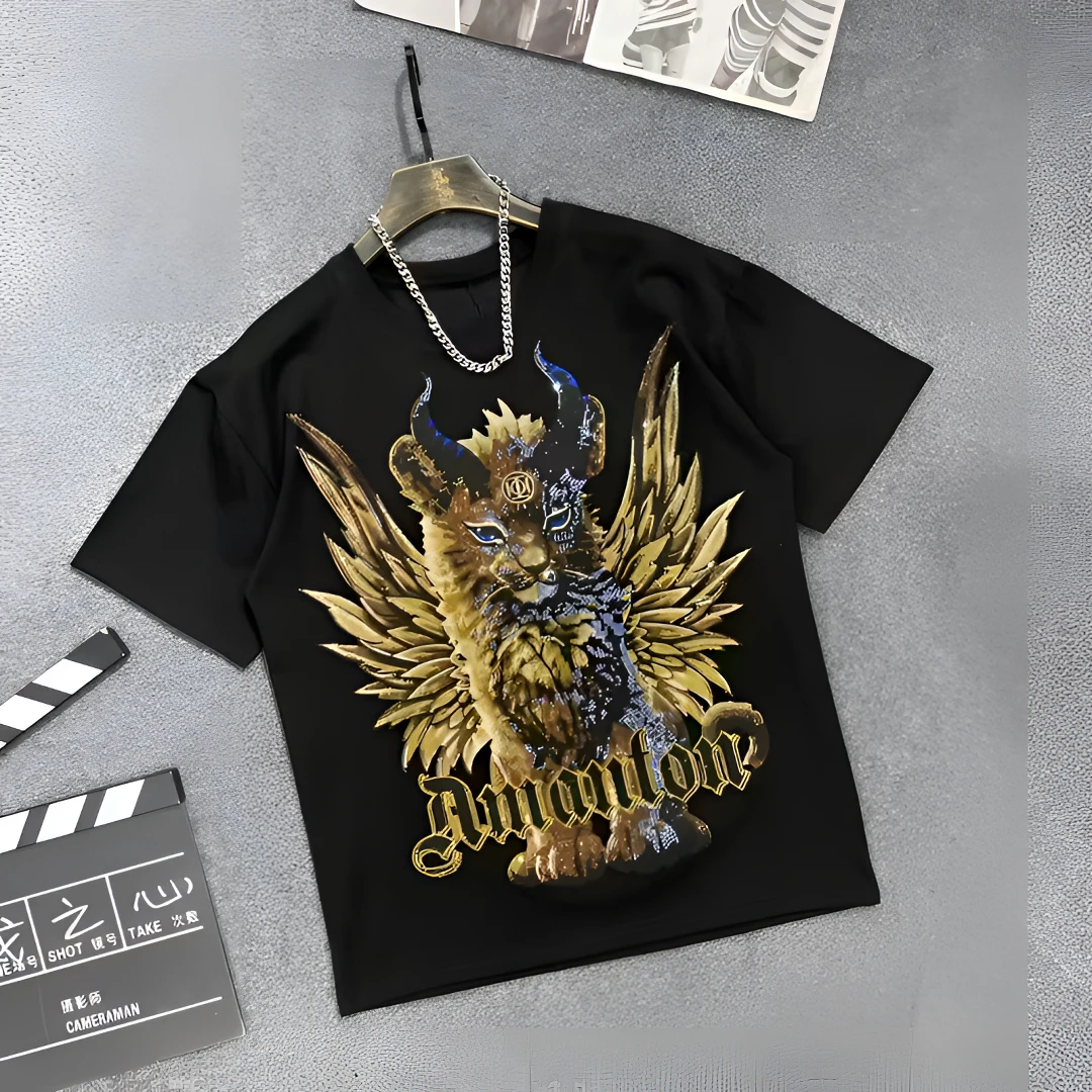 宽松重工潮牌翅膀狮子图案半袖套装重工男士t恤轻奢潮流时尚休闲