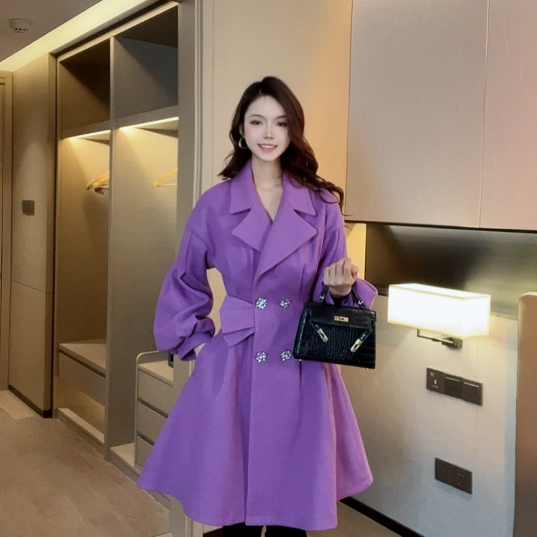 粉红大布娃娃优雅收腰显瘦灯笼袖大裙摆呢大衣外套DM1DCO034