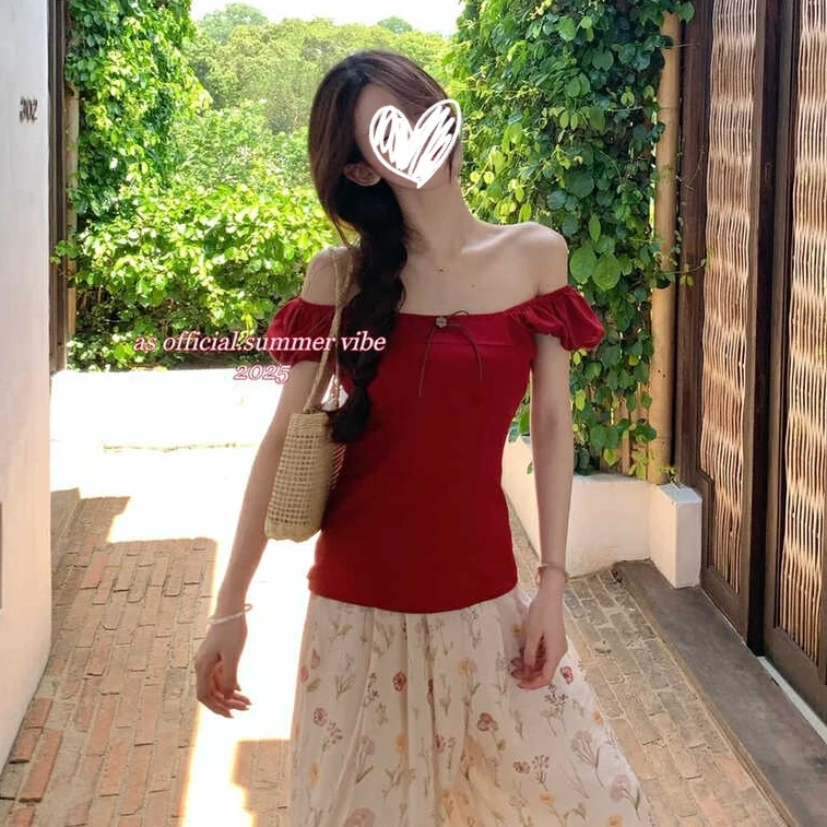 DANSHIER~一字肩正肩两穿收腰显瘦纯欲风小衫百搭韩系美女上衣