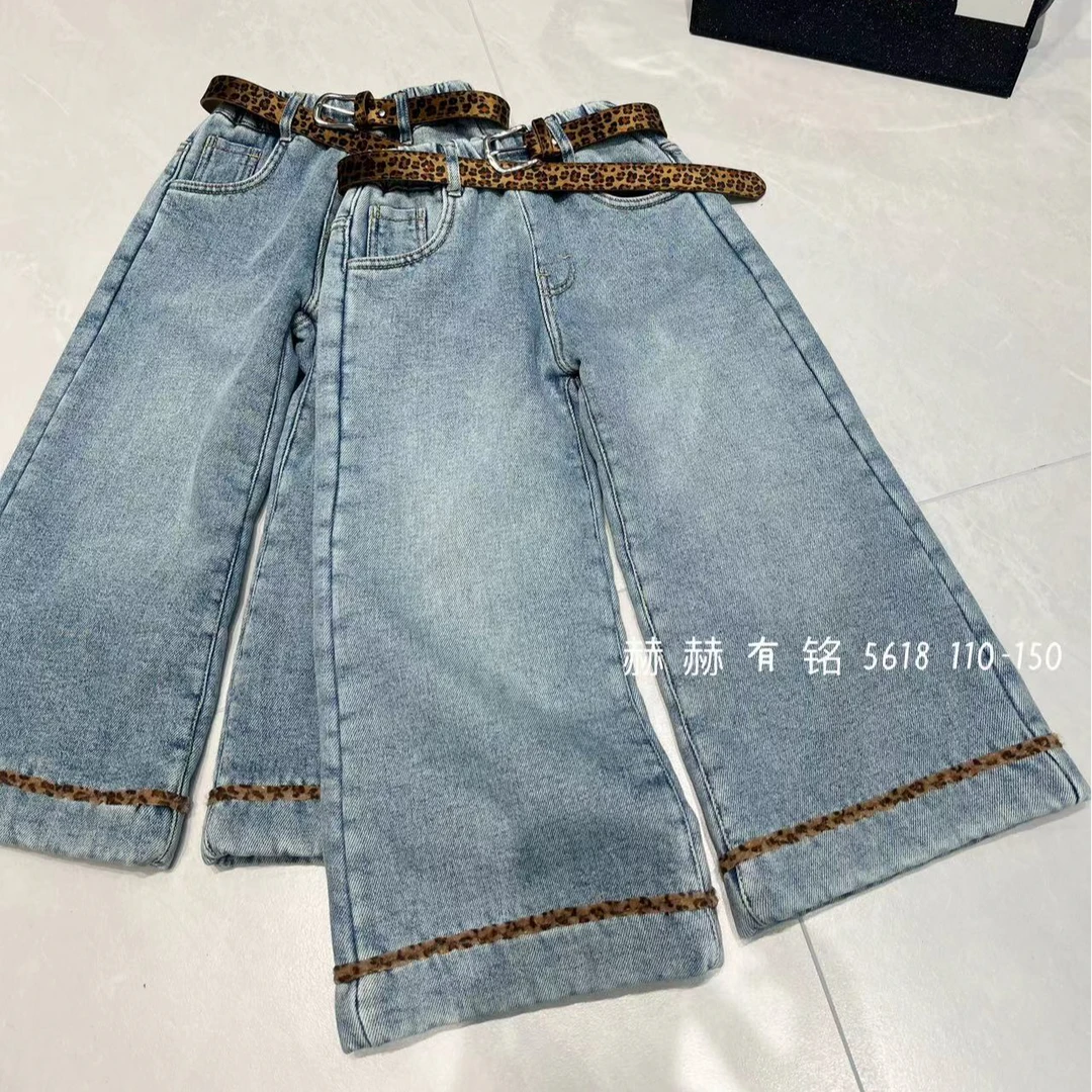 HHYM  2025冬新款儿童时尚设计裤腿拼接豹纹条加绒牛仔裤  5618