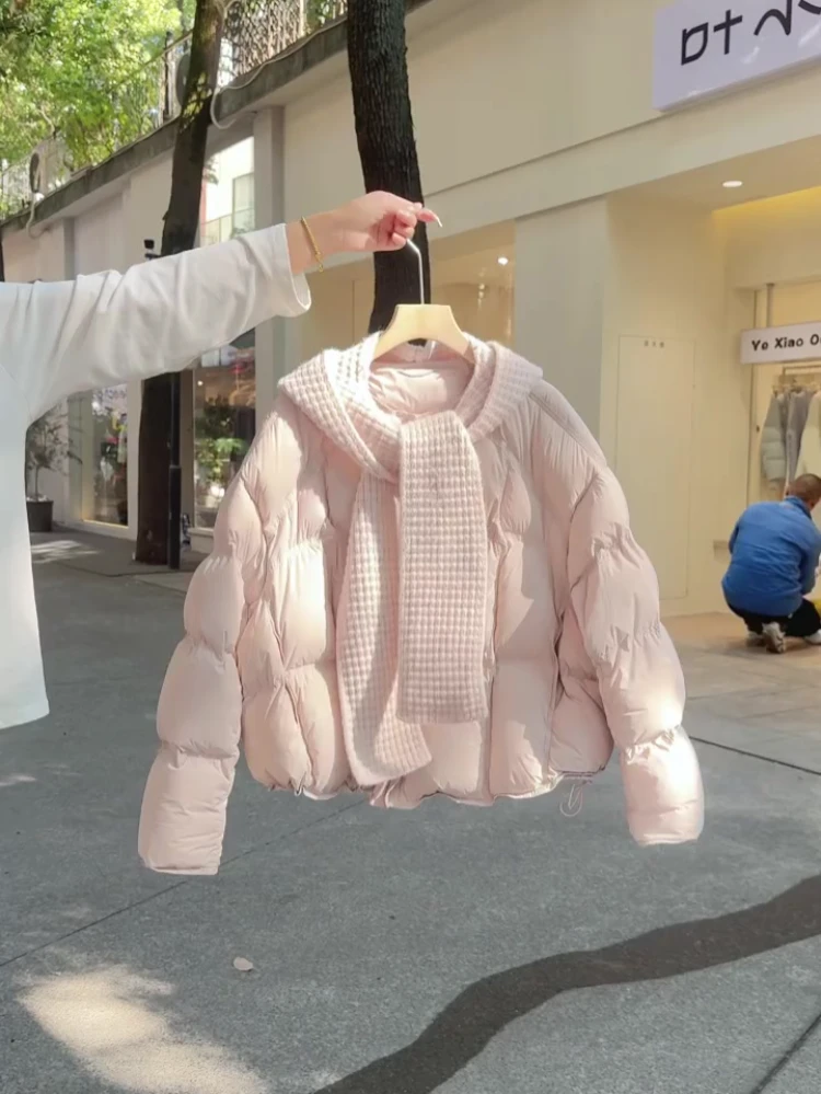 韩系配针织连帽披肩短款棉服女2025冬新款小清新加厚保暖棉衣外套