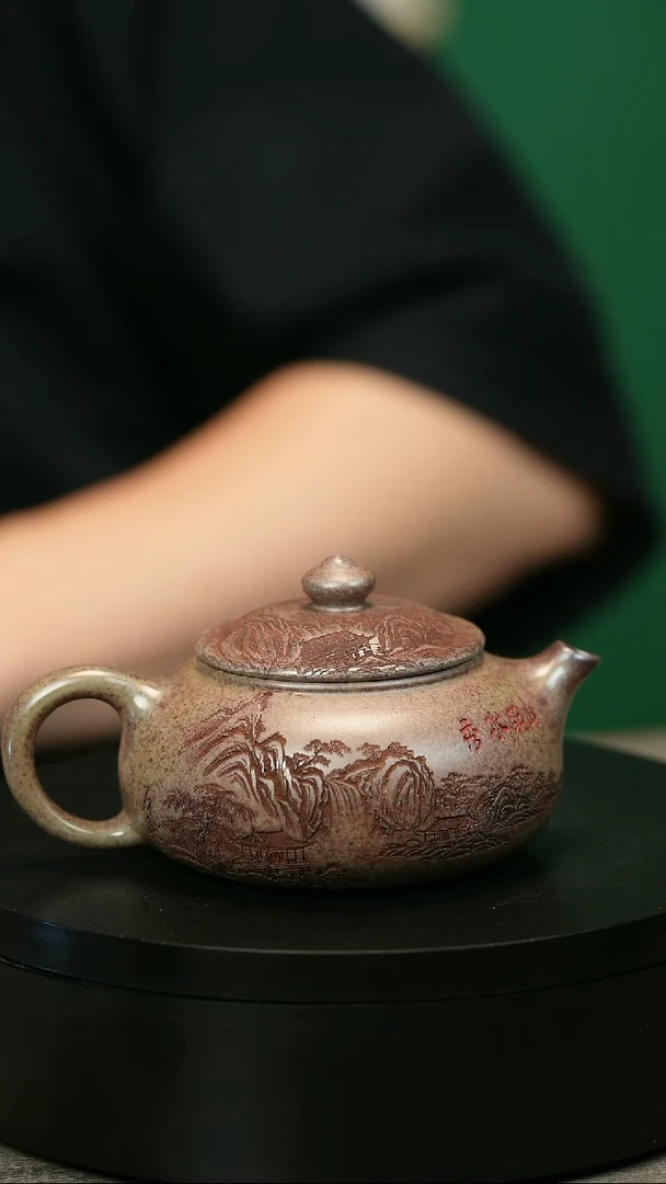 茶壶紫砂常*飞H1983蒋静明柴烧刻绘寒江