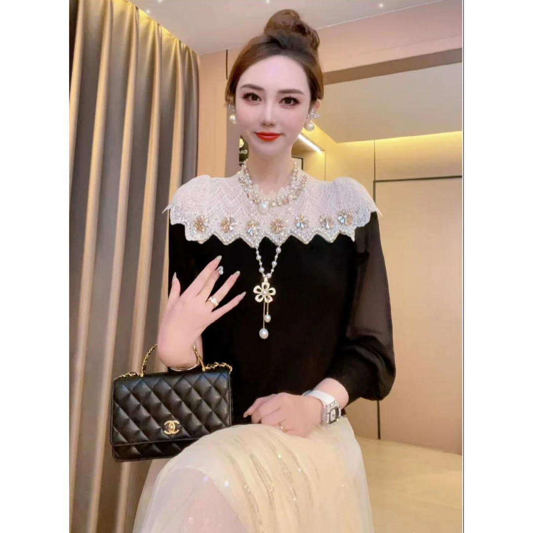 【烟雨】重工钉珠拼接蕾丝轻奢百搭显瘦套头长袖上衣女