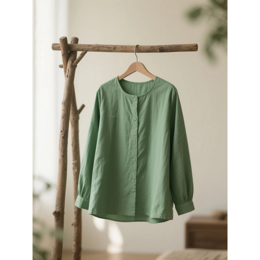 实物太美！不能错过！绿色衬衫女气质圆领慵懒时尚衬衣显百搭瘦上衣