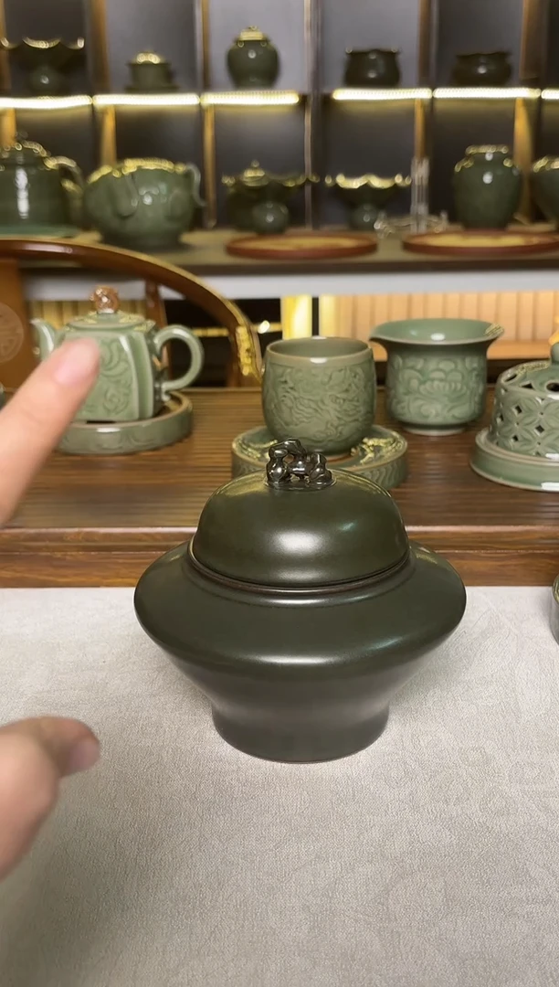瓷片耀州窑纯手工茶叶末釉盖罐特价