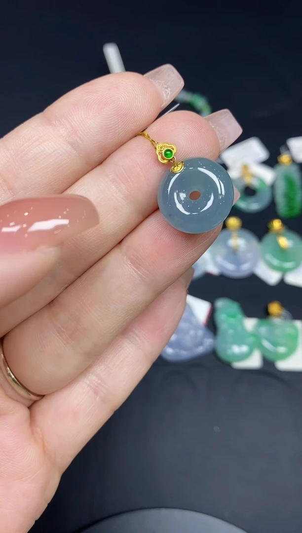 吊坠(不含链)18K金镶嵌翡翠平安扣18K金扣镶嵌@@A37-2