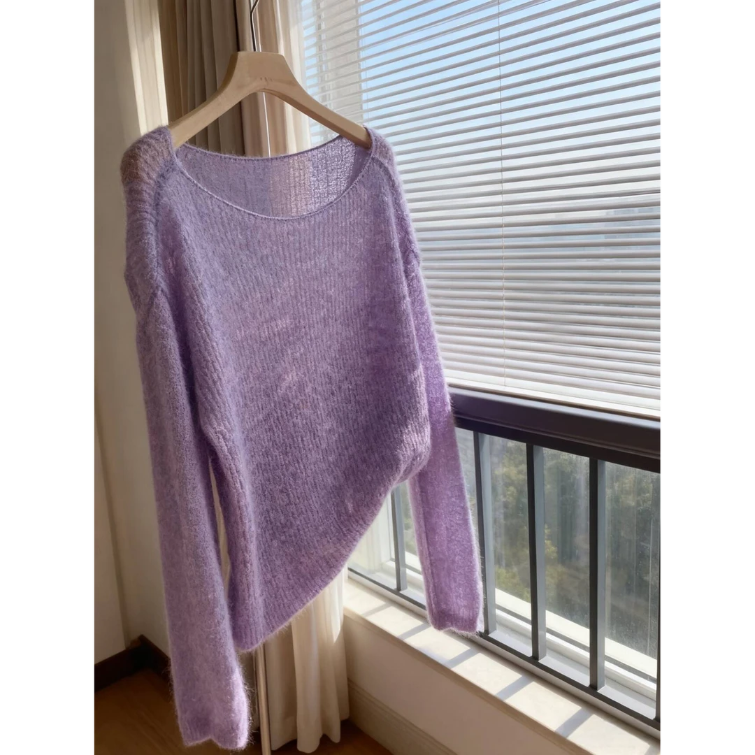 巨好搭！真心舒服！紫色针织衫女薄款秋季慵懒风设计感气质百搭毛衣