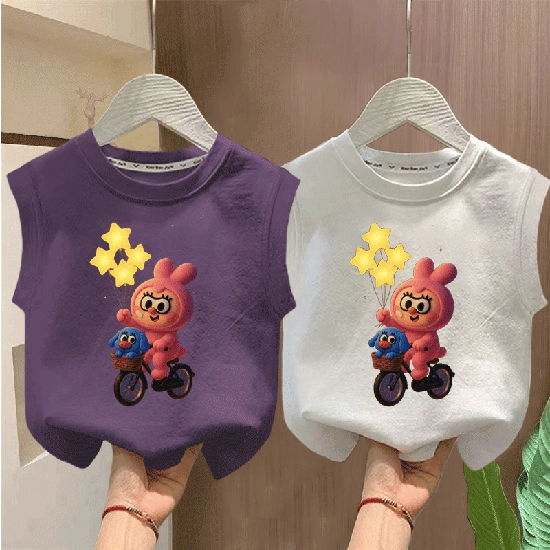 100%纯棉男童女童简约背心T恤夏季新款儿童宝宝卡通无袖上衣外穿t