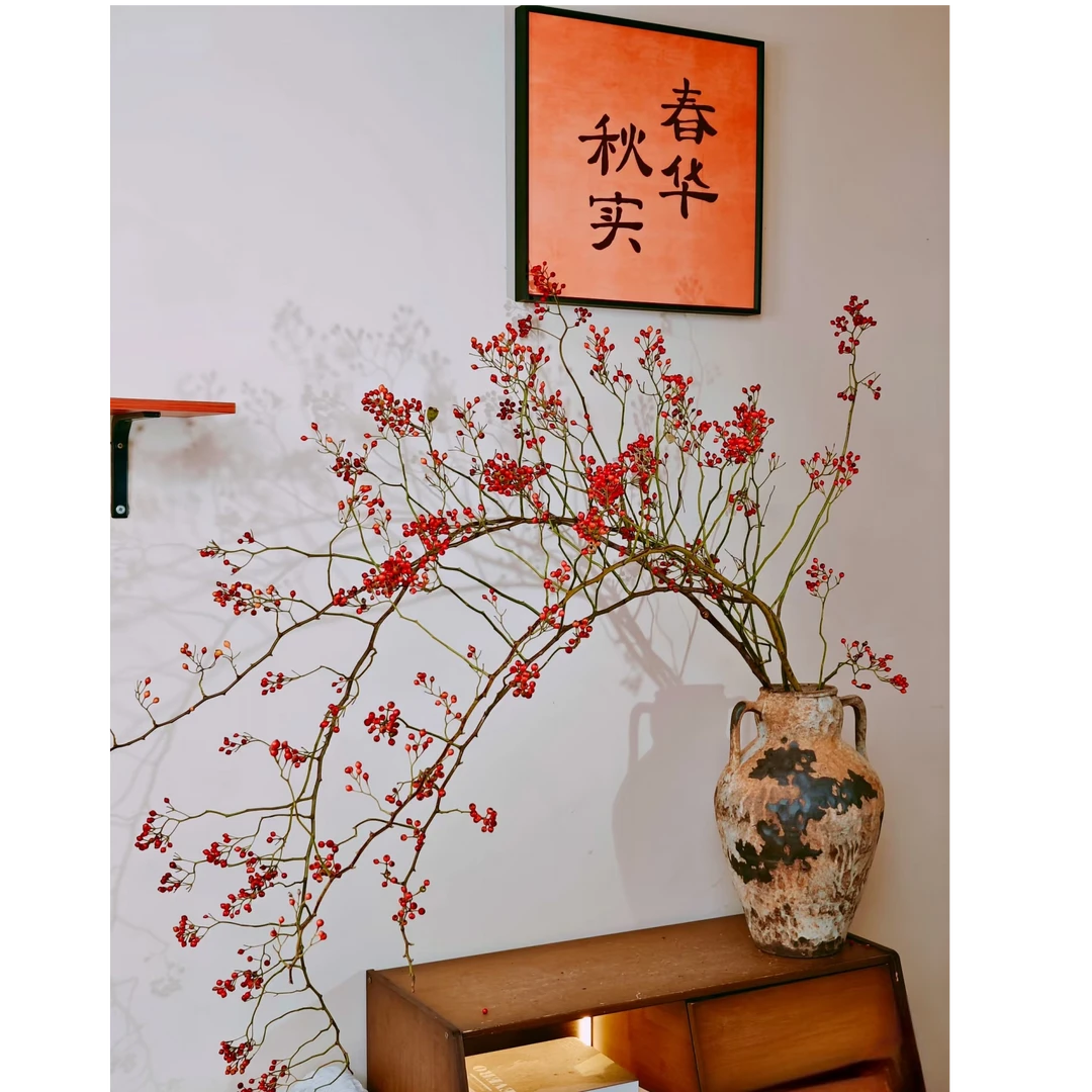 【山归来】鲜切枝蔷薇果水培植物室内桌面装饰轻奢造型