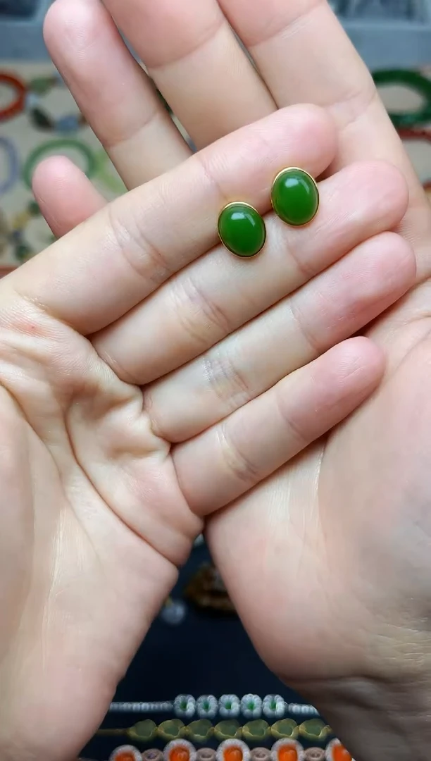 和田玉银S925镶嵌耳饰碧玉耳钉06