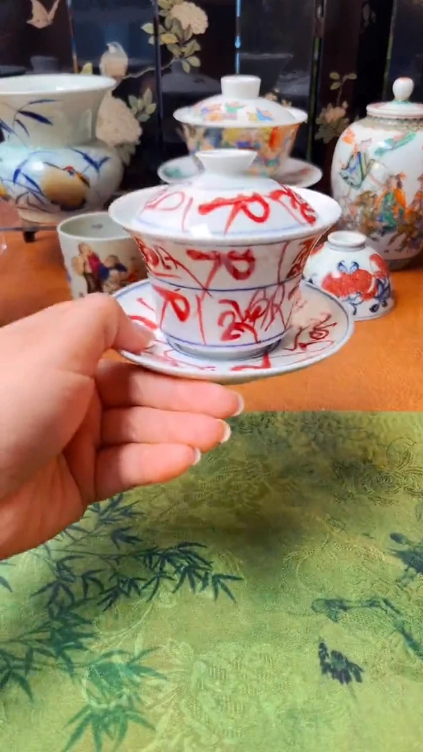 福利款景德镇纯手工手绘刀字纹三才盖碗