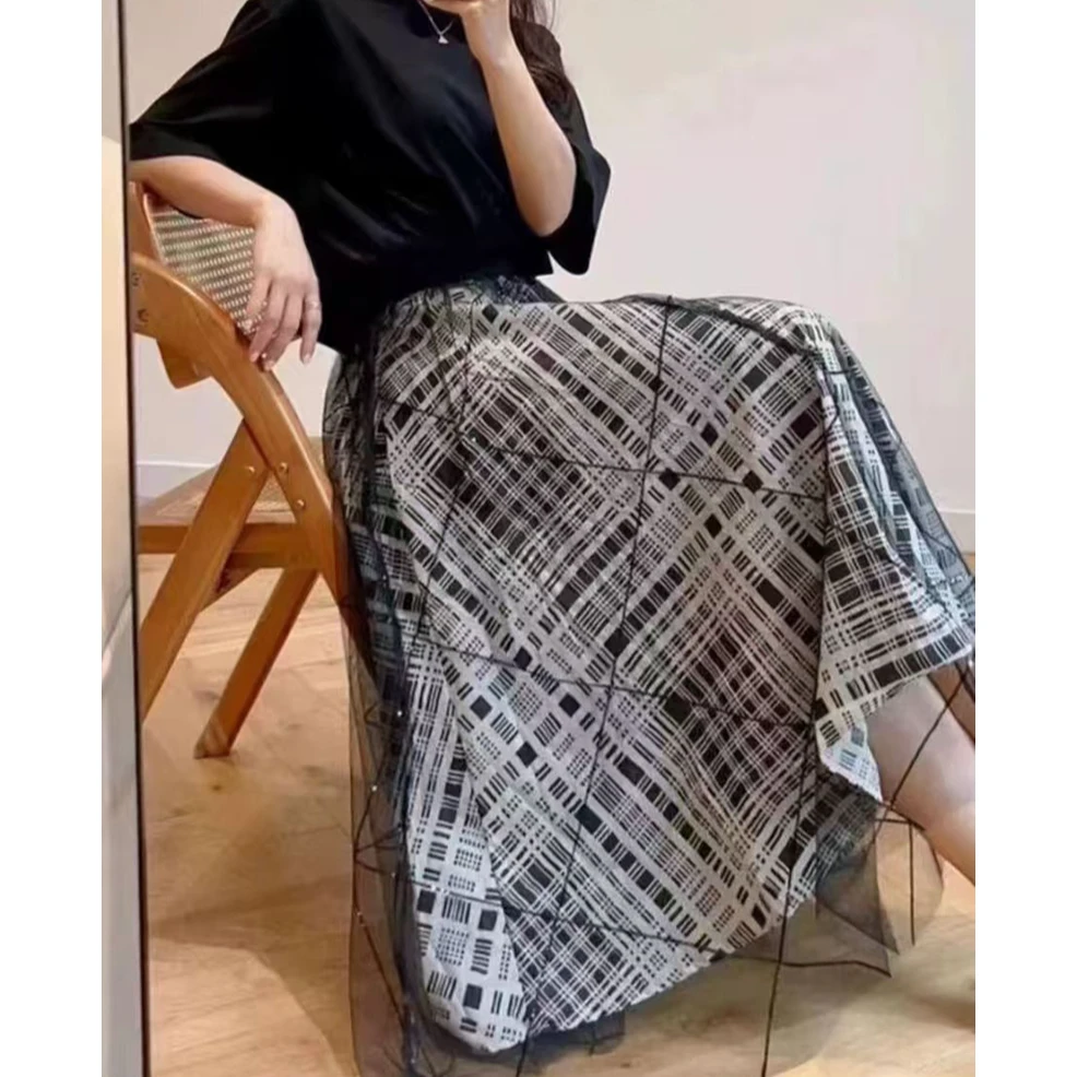 宝丫轻奢  女式复古气质高腰格子网纱半身裙B9806