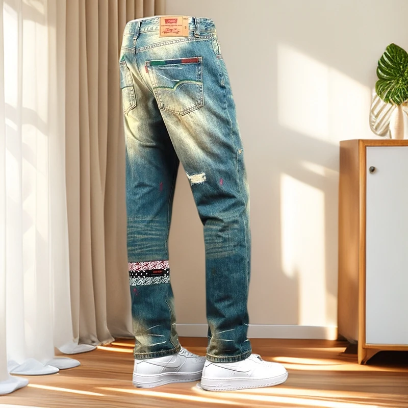 符腾野堡马潮牌美式复古破洞水洗休闲裤春夏季男士宽松直筒牛仔裤