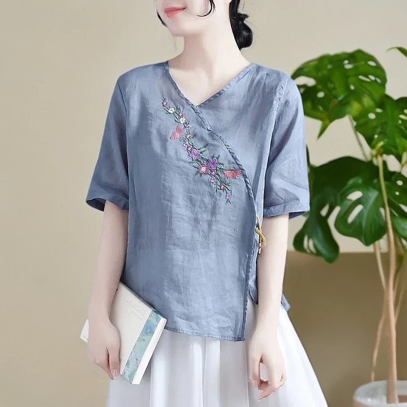 新中式夏季苎麻薄款衬衫女，斜襟扣民族风上衣中年妈妈宽松显瘦减