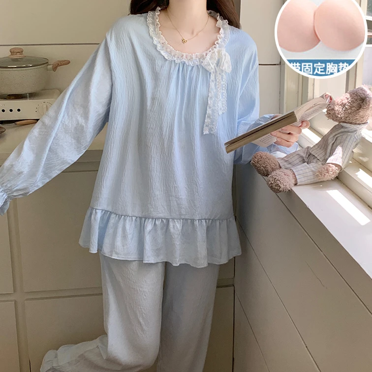睡衣女款带胸垫长袖长裤套装纯色女士2025新款甜美春秋冬款家居服