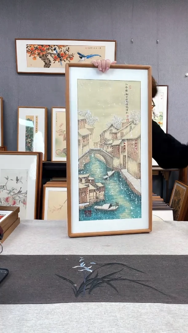 【闪购商品】国画金旗红-手绘带框作品-35*68-水乡
