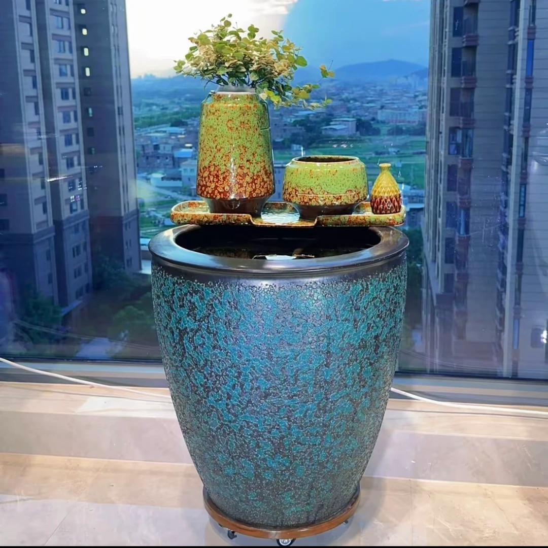 加高瀑布流水养鱼52x55客厅阳台庭院陶瓷大缸孔雀色循环流水造景