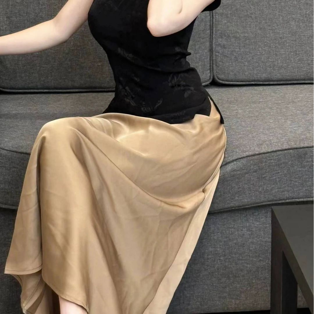 活动画报夫人原创自制新中式国风杏色缎面半身裙