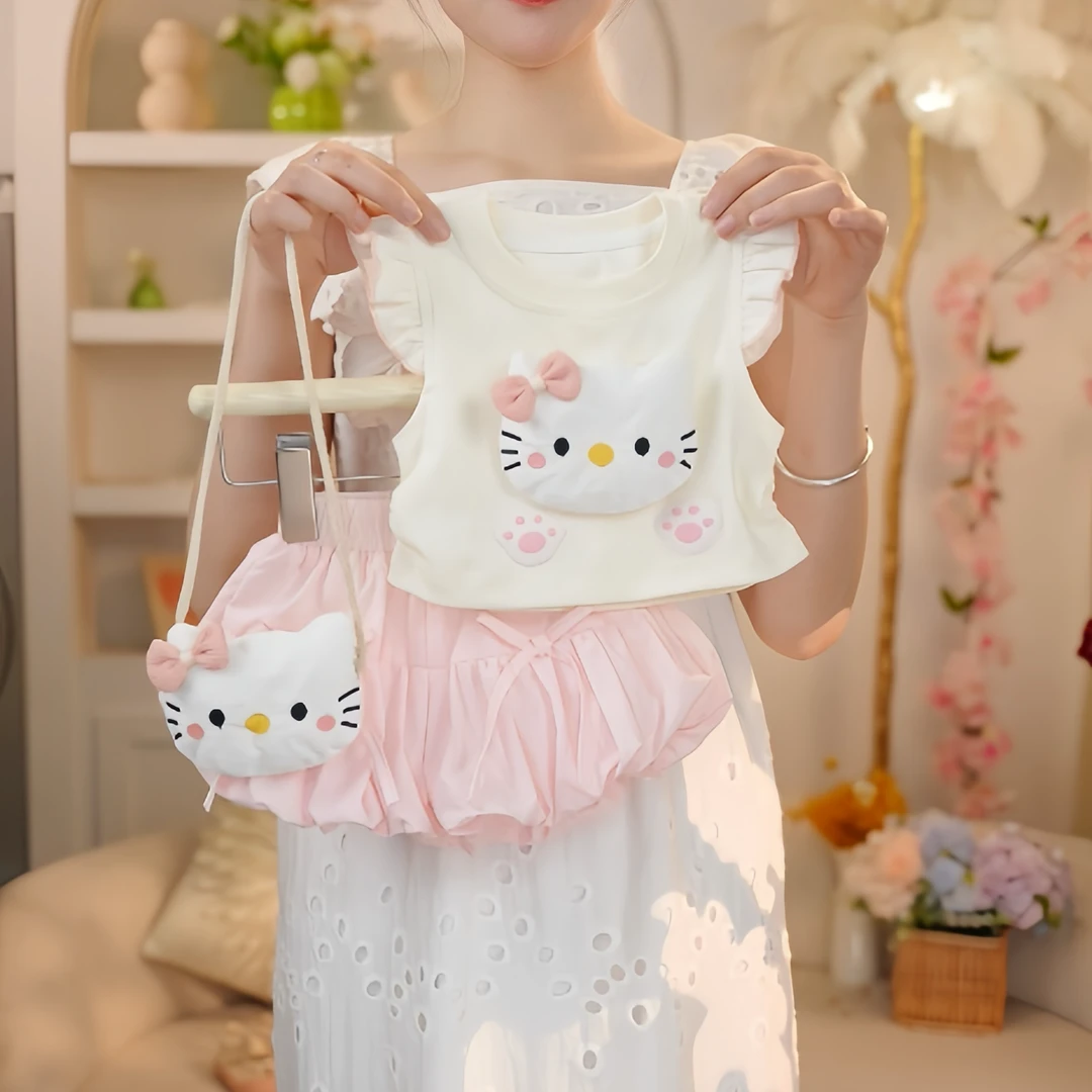 【现货】2025年夏季新款女童可爱飞袖蓝色猫咪套装045