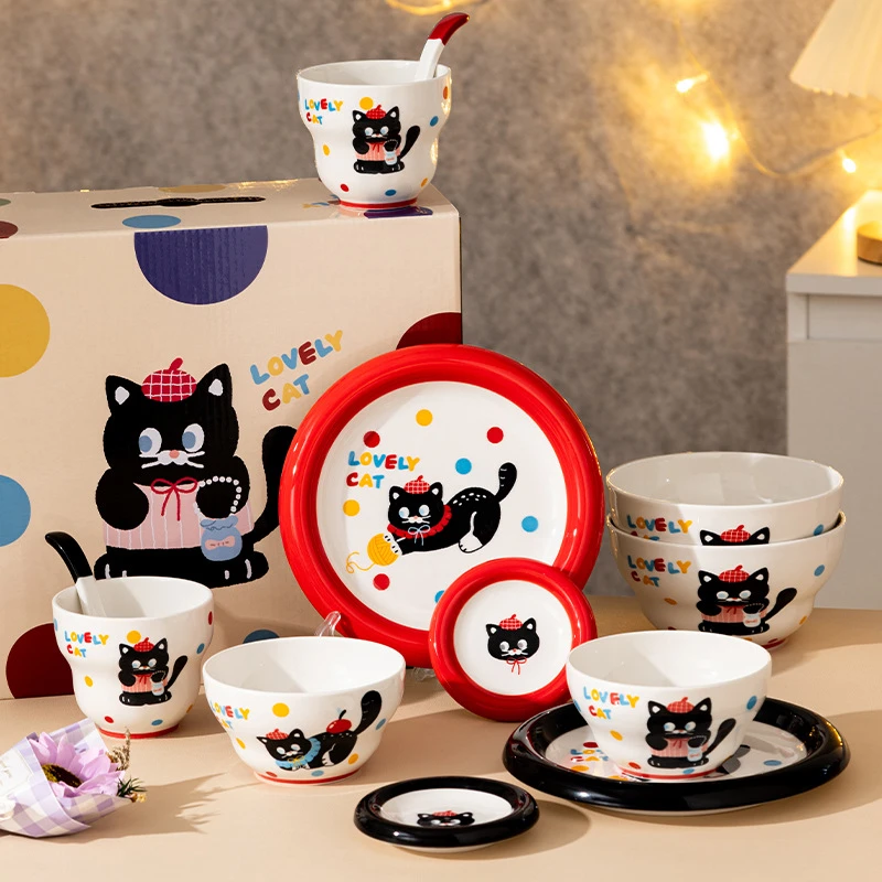 猫咪陶瓷碗碟套装家用餐具可爱盘子饭碗碟子碗盘一整套