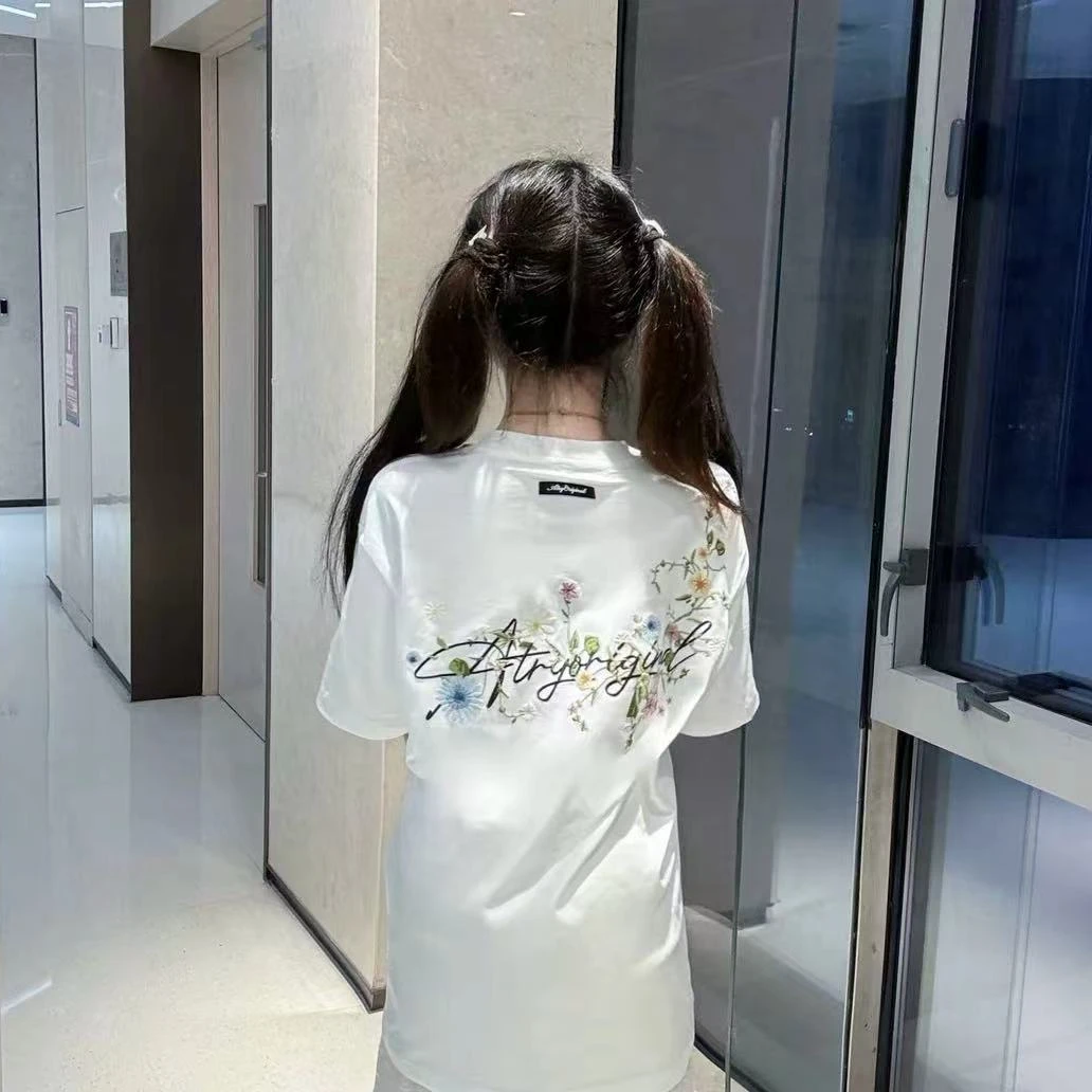 新款A连肩花卉刺绣短袖男女同款重工纯棉情侣宽松夏季百搭体恤