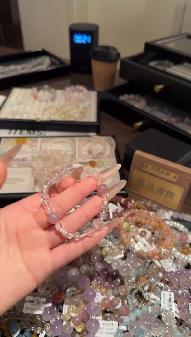 水晶手链银S925镶嵌粉水晶x1777