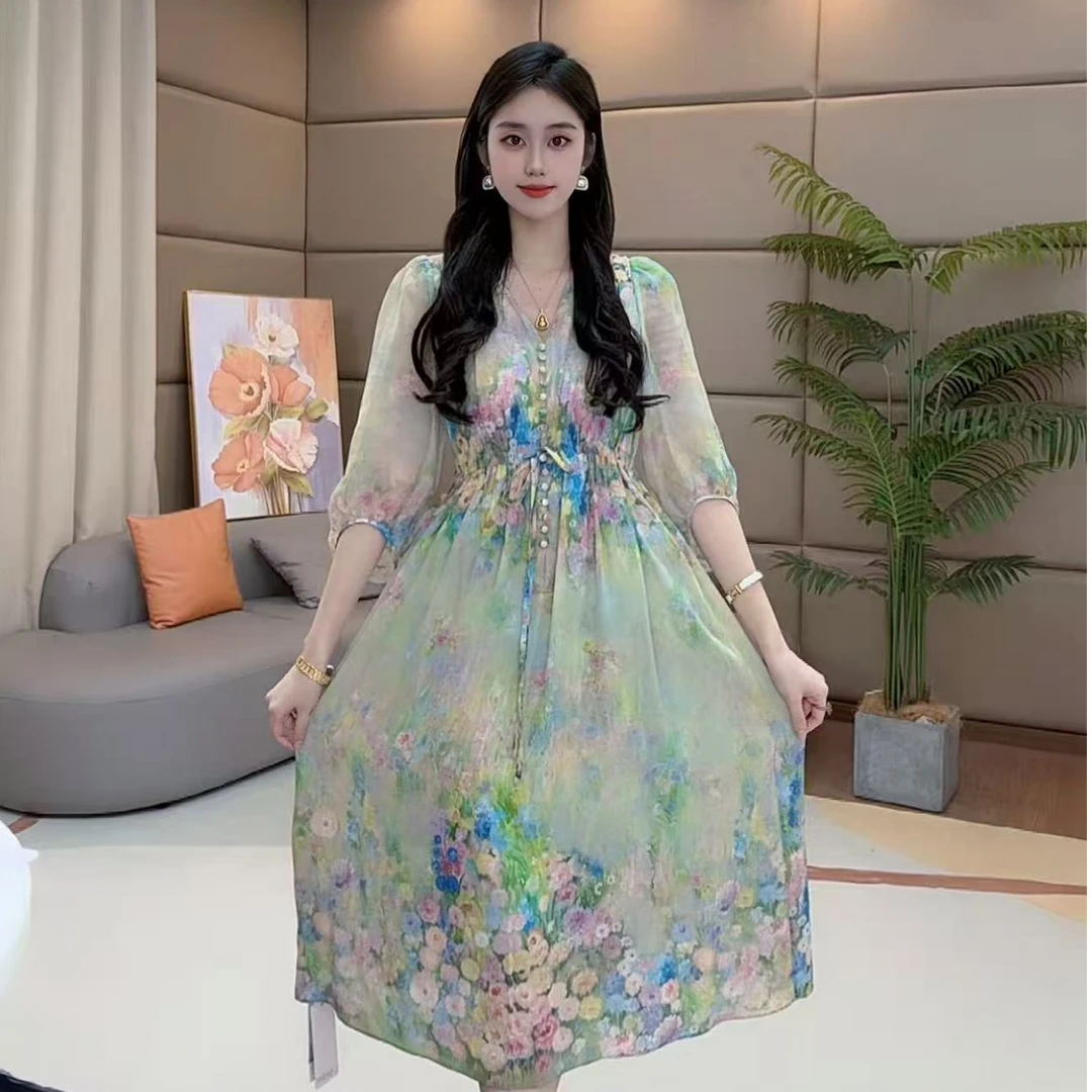 马洛克“花想蓉”真丝连衣裙显瘦气质时尚修身收腰 80114