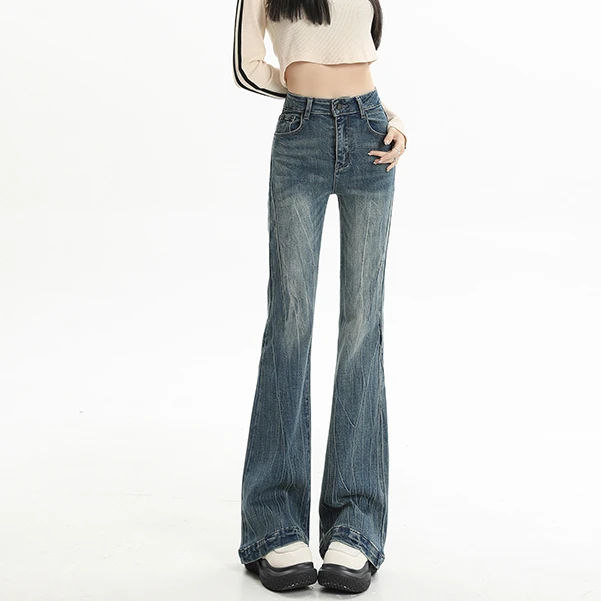 不贴腿牛仔裤女春季2025年新款设计感低腰宽松猫须微喇马蹄裤
