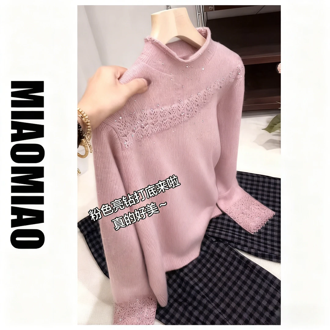 粉色韩系半高领亮钻设计针织婚礼秋季大码上衣亮片女毛衣衫1333