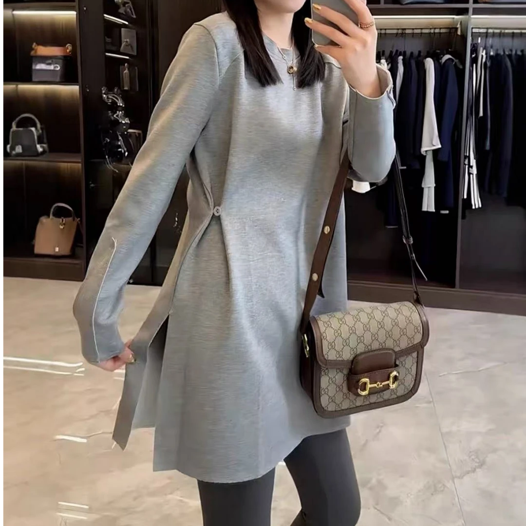 韩版休闲慵懒风时尚上衣女2025年秋季新款长袖圆领收腰中长款卫衣
