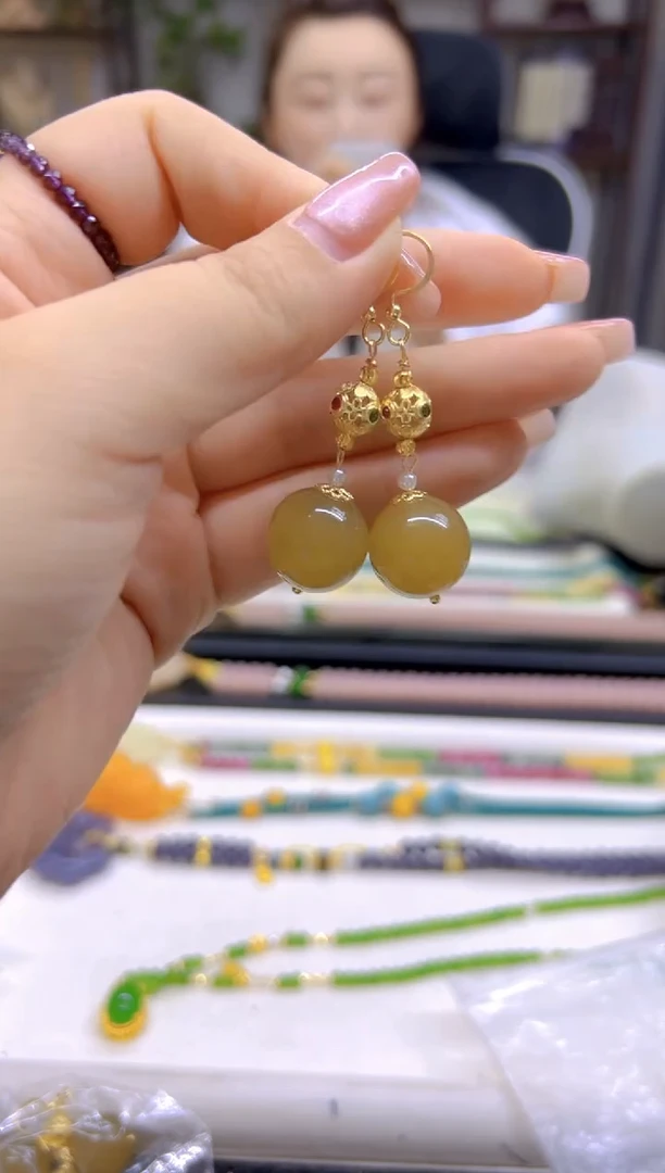和田玉（糖玉）14K金镶嵌耳饰DIY款E247