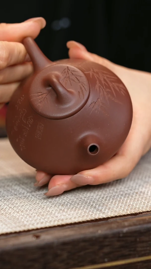 茶壶紫砂原矿紫泥  石瓢  刻绘 竹子