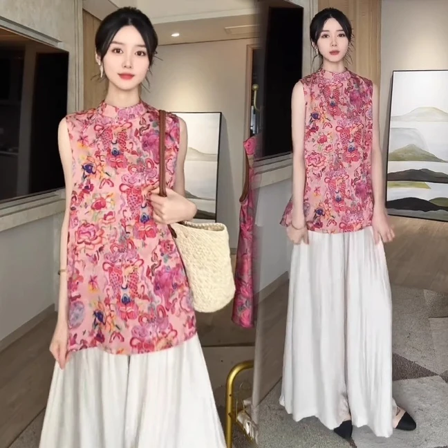 新中式提花无袖中长款上衣+阔腿裤夏季清凉感两件套