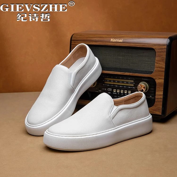 纪诗哲男鞋厚底潮流百搭小白鞋手工英伦休闲皮鞋牛皮一脚蹬乐福鞋