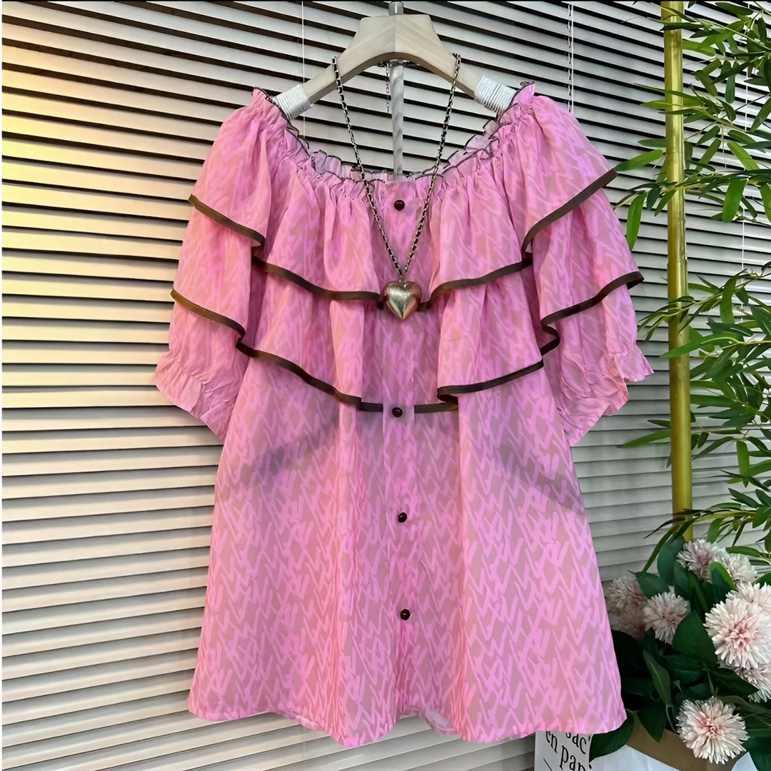 夏季小清新一字肩荷叶边大码百搭时尚半袖显瘦款